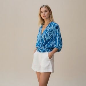 New Ramy Brook Top Blaire Wrap Blouse in Laguna Blue Taza Ikat Med